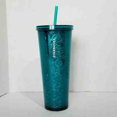 Starbucks Cold Cup Tumbler with Straw Floral Metallic Foil Teal Green 24 ounces  - Sold on eBay Dec, 13th 2019 for $25.00