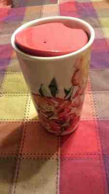 STARBUCKS Ceramic Travel Mug Pink Red Floral Flowers w LID 10oz Cup TUMBLER 2015 - Sold on eBay Dec, 12th 2019 for $25.00