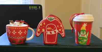 2017 STARBUCKS JAPAN HOLIDAY ORNAMENT SET OF 3 TO GO CUP, MUG AND SWEATER - Sold on eBay Dec, 18th 2019 for $50.00