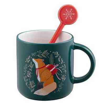 Starbucks Taiwan 2019 holiday Christmas 10oz fox mug with stirring rod - Sold on eBay Dec, 18th 2019 for $24.00