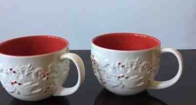 Starbucks Coffee 2008 White Embossed Two Holiday Mug Red Berries Deer Dove 12 OZ - Sold on eBay Dec, 17th 2019 for $25.00