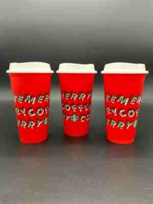 3 Starbucks 2019 Red Reusable Cups Grande 16oz Holiday MERRY COFFEE Christmas - Sold on eBay Dec, 17th 2019 for $16.10