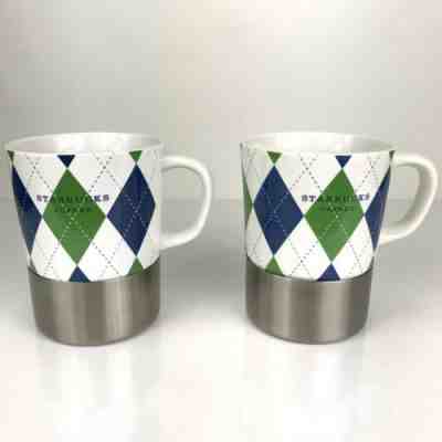 2 Starbucks Coffee Mugs Argyle Blue Green Stainless Steel Non Skid Base EUC Tea - Sold on eBay Dec, 17th 2019 for $22.49