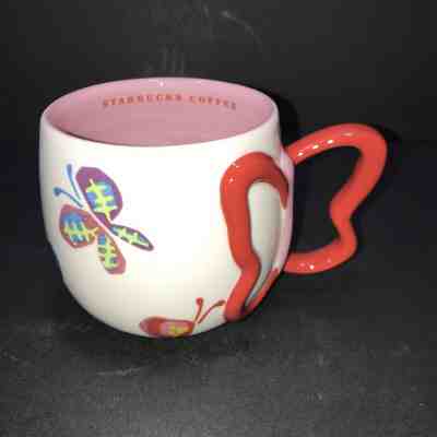 STARBUCKS 2007 BUTTERFLY Mug Cup Coffee Tea Butterfly Handle Pink Red White - Sold on eBay Dec, 17th 2019 for $21.99