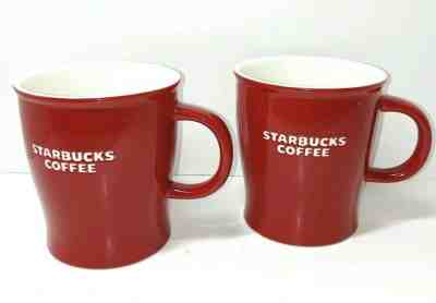 Set of 2 Starbucks Red 14 oz Coffee Mugs 2008 Embossed Lettering Very Nice - Sold on eBay Dec, 17th 2019 for $21.43
