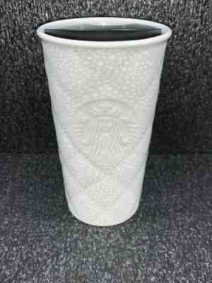 Starbucks 2016 Quilted Silver White Snow Ceramic Travel  Mug Tumbler W/ Lid 10oz - Sold on eBay Dec, 17th 2019 for $25.00
