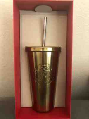 NIB STARBUCKS GOLD STAINLESS STEEL TUMBLER 16oz 2014 DOT COLLECTION METAL STRAW - Sold on eBay Dec, 16th 2019 for $25.00