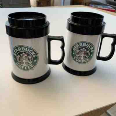 Pair of Vintage Starbucks Travel Mugs Handle Lid Old Siren Logo Thermo-Serv  - Sold on eBay Dec, 21st 2019 for $30.00