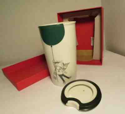 Starbucks Ceramic Travel Mug Boy With Green Dot Balloon 12 Oz 2014 with Box  - Sold on eBay Dec, 20th 2019 for $24.95
