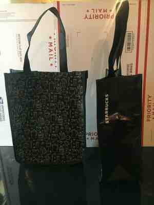 TWO Starbucks 2017 Coffee French Press Reusable Black & White Vinyl Tote Bag - Sold on eBay Dec, 19th 2019 for $19.99