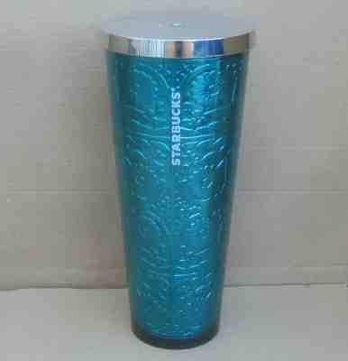 Starbucks Turquoise Blue Foil Floral Tumbler 24oz Size Cold-Cup Tumbler No Straw - Sold on eBay Dec, 19th 2019 for $35.00