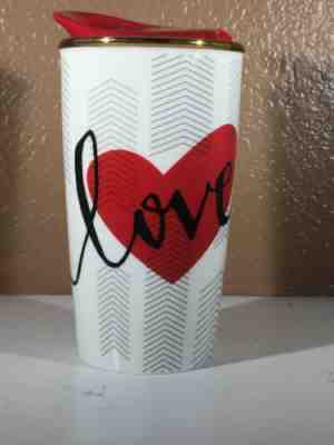 STARBUCKS COFFEE 2014 Red Heart LOVE Ceramic Travel Tumbler Mug W/ LID 12 OZ - Sold on eBay Dec, 19th 2019 for $18.99