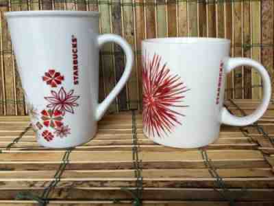 Starbucks Coffee Tea Mugs Pair 1 Red Fireworks Flower Star Burst 1 Tall Floral - Sold on eBay Dec, 19th 2019 for $22.00