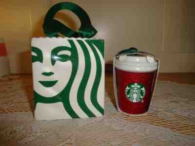 REDUCED  2019 Starbucks 2 Ceramic Ornaments Tote and Cup Christmas Advertising - - Sold on eBay Dec, 19th 2019 for $22.00