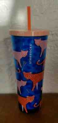NEW Starbucks 2018 Cheetah Venti Tumbler Summer Cold Cup Coral Blue Pink  - Sold on eBay Dec, 19th 2019 for $24.99