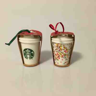 2 COLLECTIBLE STARBUCKS CERAMIC COFFEE TO GO MINI ORNAMENTS CLASSIC & CONFETTI - Sold on eBay Dec, 19th 2019 for $15.99