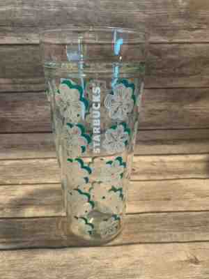 STARBUCKS 2017 DOUBLE WALL GLASS COLD CUP - GREEN & WHITE FLOWERS - - Sold on eBay Dec, 19th 2019 for $40.00