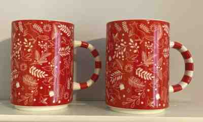 LOT OF 2 NEW Starbucks 2018 Holiday Christmas Red Pattern Stripe Coffee Mugs