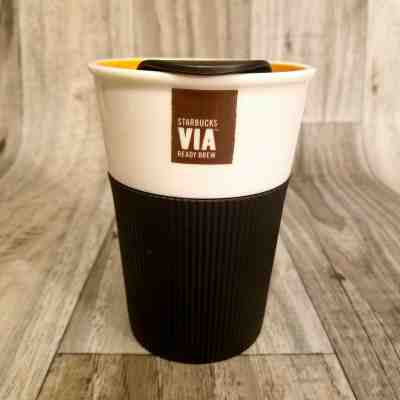 STARBUCKS VIA READY BREW CERAMIC TUMBLER CUP MUG W RUBBER GRIP & TRAVEL LID - Sold on eBay Jan, 10th 2020 for $24.99