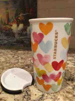 Watercolor Hearts Starbucks 2015 Travel Ceramic 10oz Mug Tumbler Rainbow Colors - Sold on eBay Jan, 9th 2020 for $24.99
