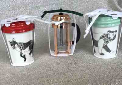 Starbucks 2017 Holiday Ornaments ~ Ceramic Cups and French Press - Sold on eBay Jan, 9th 2020 for $24.49