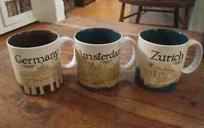 3 Starbucks 16 oz mugs Germany Zurich 2013 Amsterdam 2014 Collector Series  - Sold on eBay Jan, 8th 2020 for $60.00