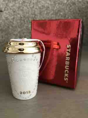 2015 Starbucks Ornament Ceramic White Travel Mug Swarovski Crystal New In Box - Sold on eBay Jan, 8th 2020 for $25.00