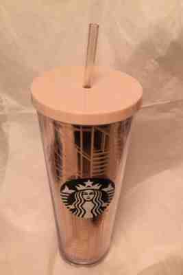 New Starbucks Rose Gold Pink Lines Venti Cold cup  Tumbler with straw - Sold on eBay Jan, 7th 2020 for $47.99