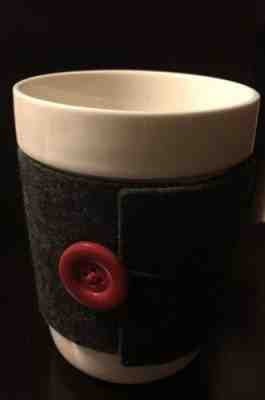 Starbucks White Ceramic Grey Wool Felt Sleeve Red Button Coffee Cup Mug 14 oz - Sold on eBay Jan, 7th 2020 for $15.99