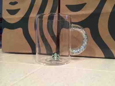 Starbucks 2019 Holiday Glass Mug Glitter Handle Silver Logo 12 Oz - Sold on eBay Jan, 7th 2020 for $35.00