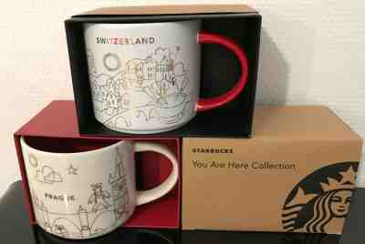 2 Starbucks cup mugs CHRISTMAS PRAGUE Czech Republic & SWISS YAH 14oz 414ml  - Sold on eBay Jan, 7th 2020 for $49.90