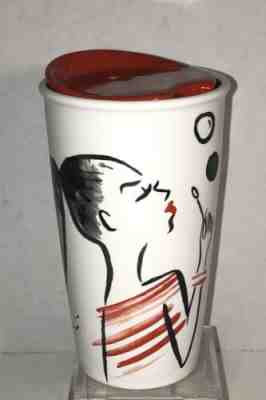 STARBUCKS Coffee White Red Ceramic Travel Tumbler Mug Girl Blowing Bubbles 2015 - Sold on eBay Jan, 7th 2020 for $16.99