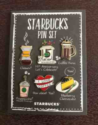 Starbucks 2017 MACAU 15th Anniversary Set of 6 Pins Frappucino Press -No card - Sold on eBay Jan, 7th 2020 for $35.99