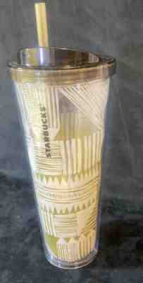 Starbucks Tumbler 24oz Double Wall 2014 Cold Cup With Straw Gold White - Sold on eBay Jan, 6th 2020 for $24.95