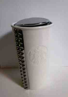 STARBUCKS 2014 Silver Studded White Coffee Cup Mug TUMBLER CERAMIC - Sold on eBay Jan, 5th 2020 for $24.95