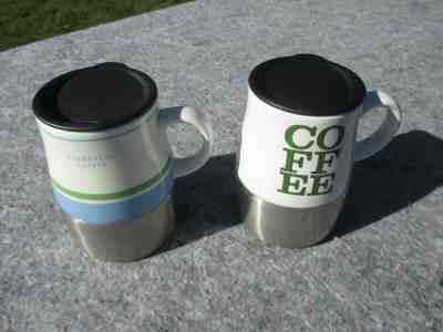 PAIR OF STARBUCKS URBAN COFFEE MUGS W/ LIDS 2005 & 2006 BLUE GREEN STRIPED CLEAN - Sold on eBay Jan, 5th 2020 for $17.95