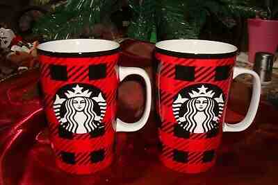 2 Starbucks Coffee Mug 2014 Dot Collection Red Black Buffalo Plaid Holiday 16 oz - Sold on eBay Jan, 5th 2020 for $23.85