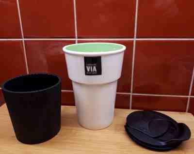 STARBUCKS VIA TRAVEL MUG 2011 READY BREW GREEN WHITE & BLACK - HARD TO FIND - Sold on eBay Jan, 5th 2020 for $25.00