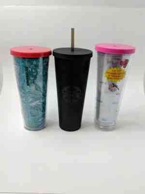 3 Starbucks 18oz Tumblers Matte Black Floral Lettering - Sold on eBay Jan, 5th 2020 for $45.99