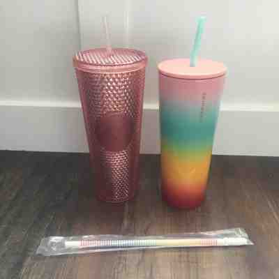 2 Starbucks Reusable Tumbler Cold Cups Lids Straws Rose Gold Rainbow Summer 2019 - Sold on eBay Jan, 5th 2020 for $89.99