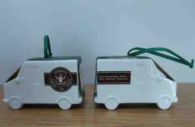 Starbucks Ceramic Delivery Truck Brown Split Tail Logo Two Christmas Ornaments - Sold on eBay Jan, 5th 2020 for $19.99