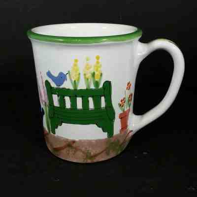 Starbucks Coffee Mug Hand Painted & Signed in Hungary Garden Flowers Bird Bench  - Sold on eBay Jan, 4th 2020 for $16.95