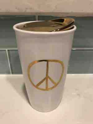 Starbucks Ceramic Travel Mug 2015 White With Peace Symbol & Gold Lid 12oz - Sold on eBay Jan, 4th 2020 for $32.00