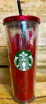 STARBUCKS 24oz Cold Drink Tumbler Red Top Speckled Straw Design - Sold on eBay Jan, 4th 2020 for $19.99