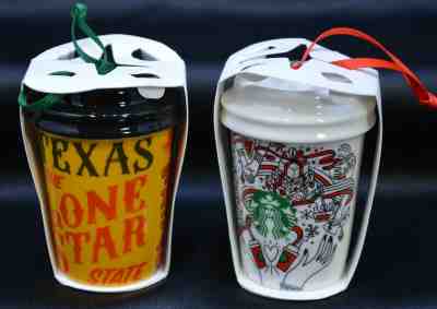 Two New in Package Ceramic Starbucks Cup Christmas Ornaments Local Texas - Sold on eBay Jan, 4th 2020 for $15.00