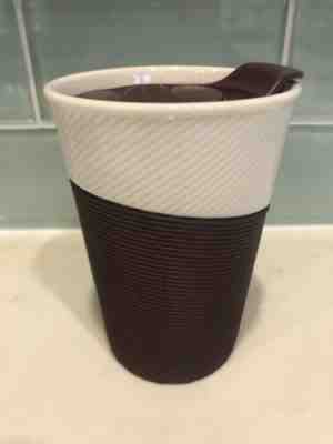 Starbucks Ceramic White Travel Mug 2014 8oz Silicone Purple Sleeve Excellent - Sold on eBay Jan, 4th 2020 for $17.00