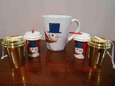 Mug & 4 Starbucks Christmas Mini Cup Ornaments Winking Snowman & Shiny Gold - Sold on eBay Jan, 3rd 2020 for $18.95