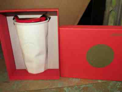 Starbucks Faceted White Ceramic Mug Tumbler 10 oz Red Lid 2013 NEW IN BOX - Sold on eBay Jan, 3rd 2020 for $24.99