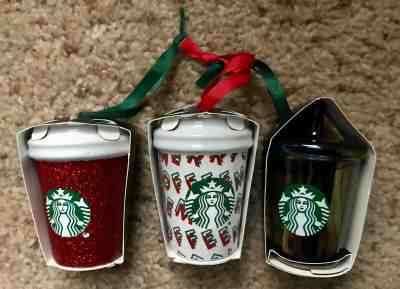 2019 Starbucks Ornaments (3) Red Sparkle & Merry Coffee & Iridescent Cups - Mint - Sold on eBay Jan, 3rd 2020 for $27.99