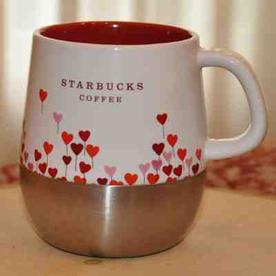 Starbucks Balloon Hearts Mug Coffee Tea Stainless Steel Weighted Bottom Red Whte - Sold on eBay Jan, 3rd 2020 for $20.74